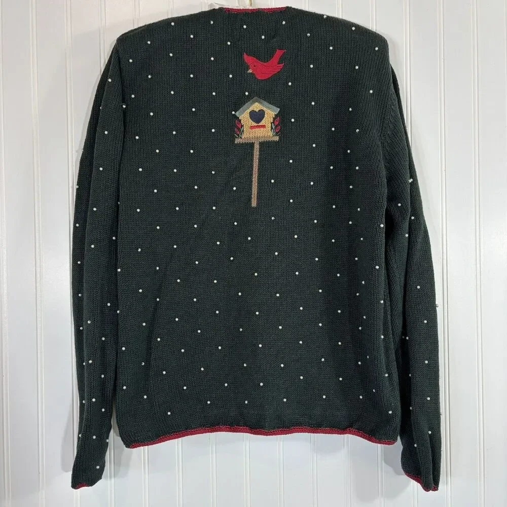 Vintage Womens Winter Sweater Size M Christmas Green 90s Beaded Hand Embroidered - Picture 2 of 13